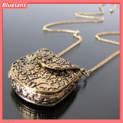 Bluelans Vintage Bag Shape Carved Bronze Locket Pendant Long Chain Sweater Necklace