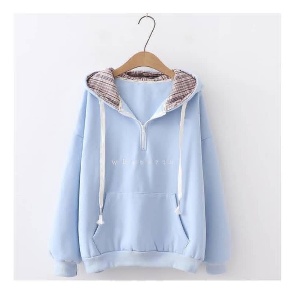 HOODIE WANITA . WHATEVER HOODIE . SWEATER WANITA . SWEATER MURAH . HIJAB OUTFIT . KOREAN STYLE-blue