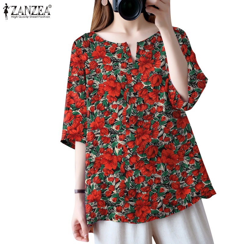 ZANZEA Women Floral Printed Shirts Round Neck Ladies Cocktail Party Blouse