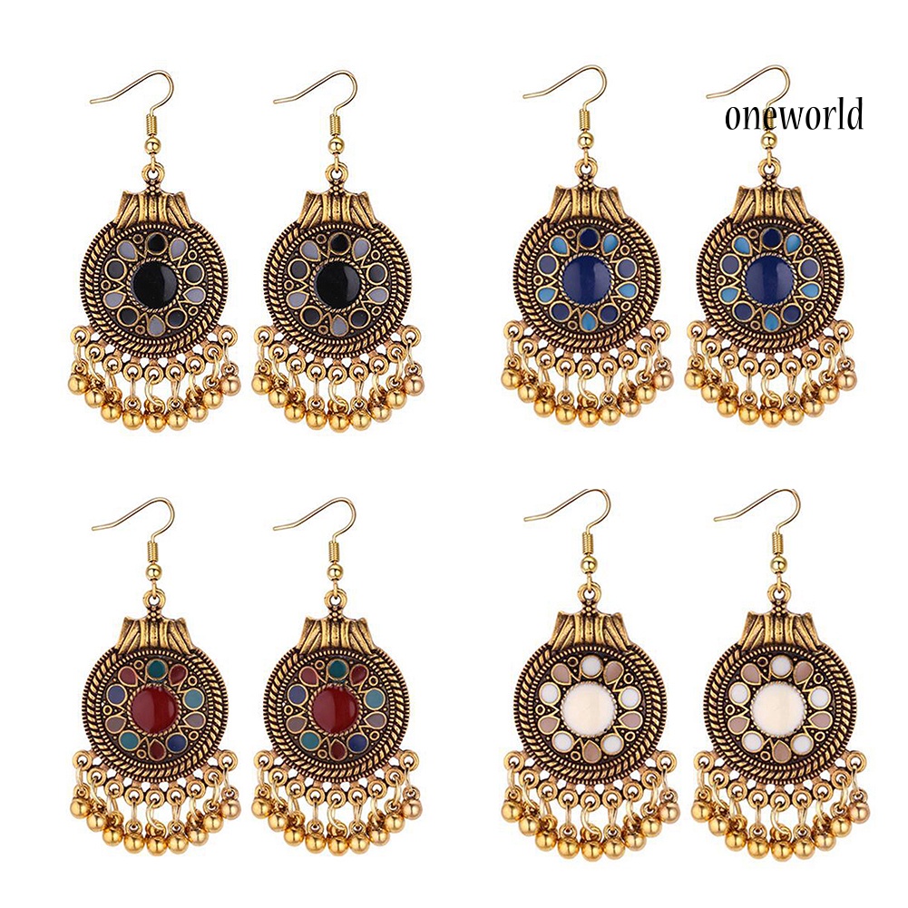 OW@ Women Ethnic Tassel Disc Flower Bead Pendant Long Dangle Hook Earring Jewelry