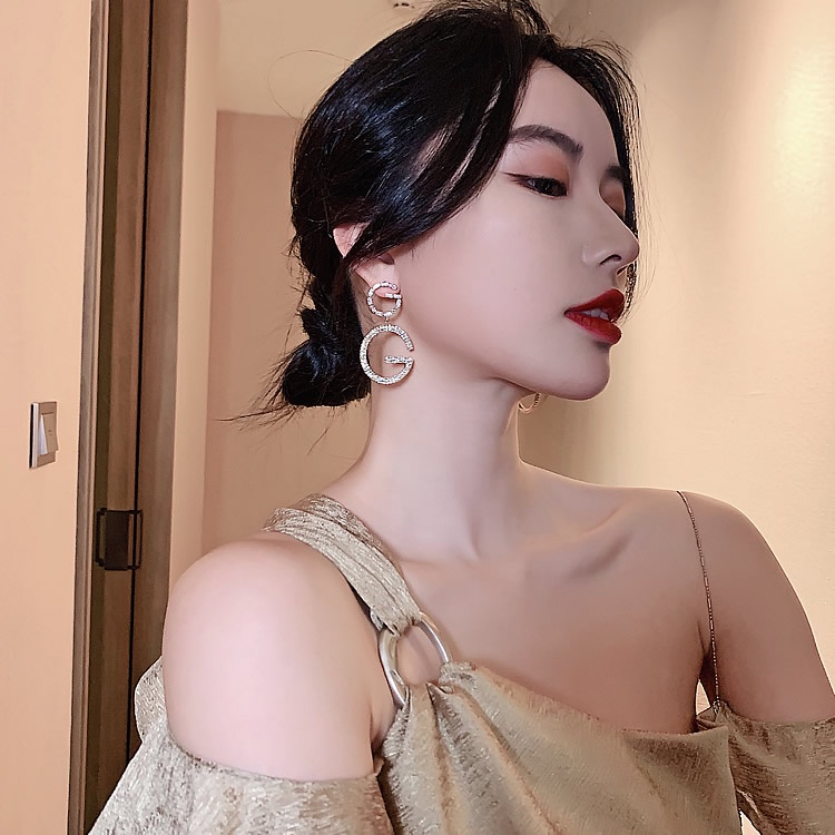 Anting 925 Silver Needle Bentuk G Besar Aksen Berlian Gaya Korea Untuk Wanita