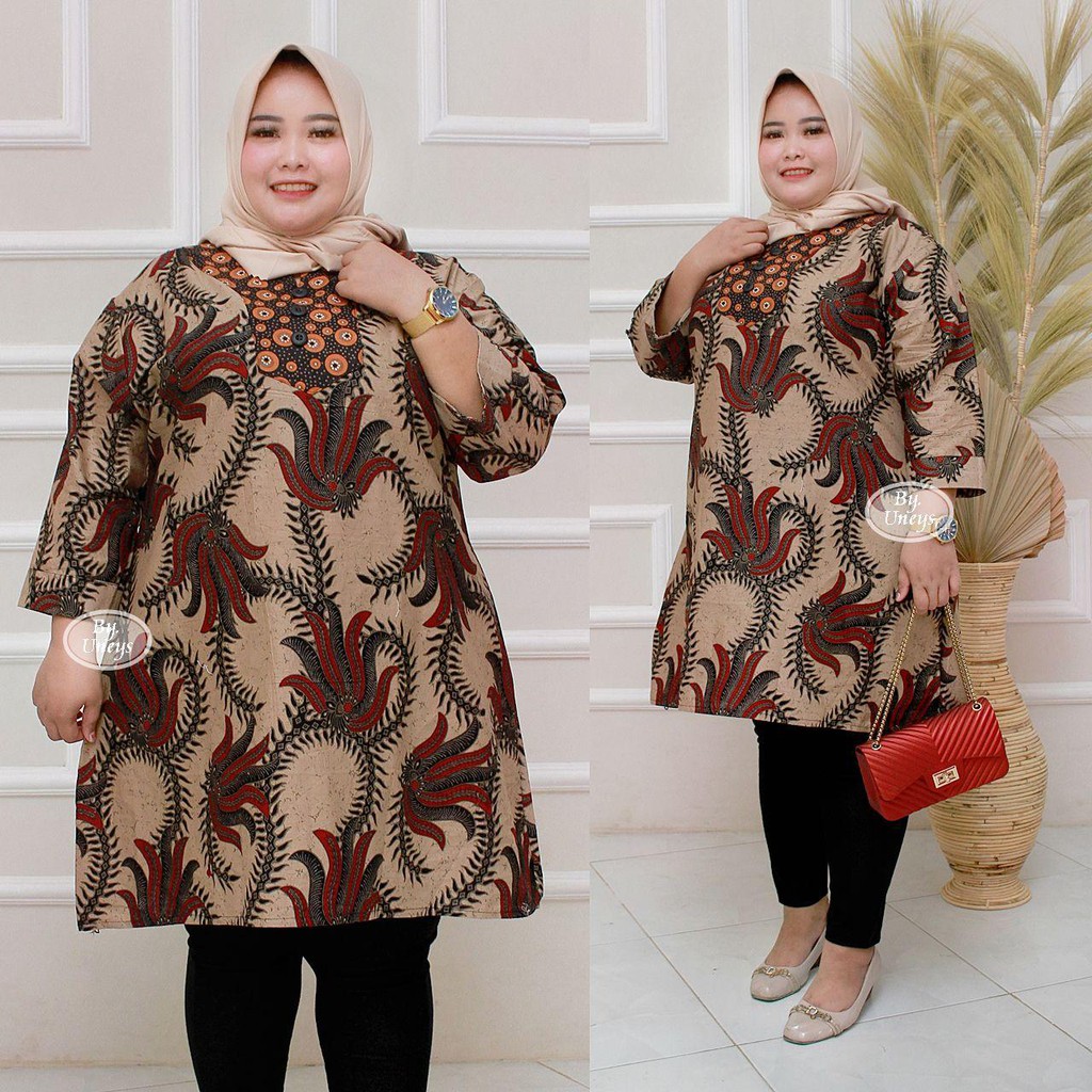 Tunik Batik Wanita Ukuran Jumbo LD 140cm Resleting Belakang Bahan Katun Adem Di Pakai Serap Keringat