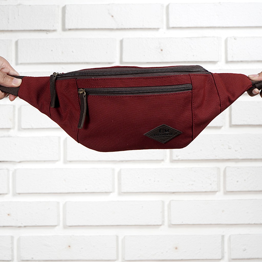 Waistbag Tas Selempang Pinggang IDAHO Maroon Kanvas TEBAL Water Repellent &amp; Kulit ASLI