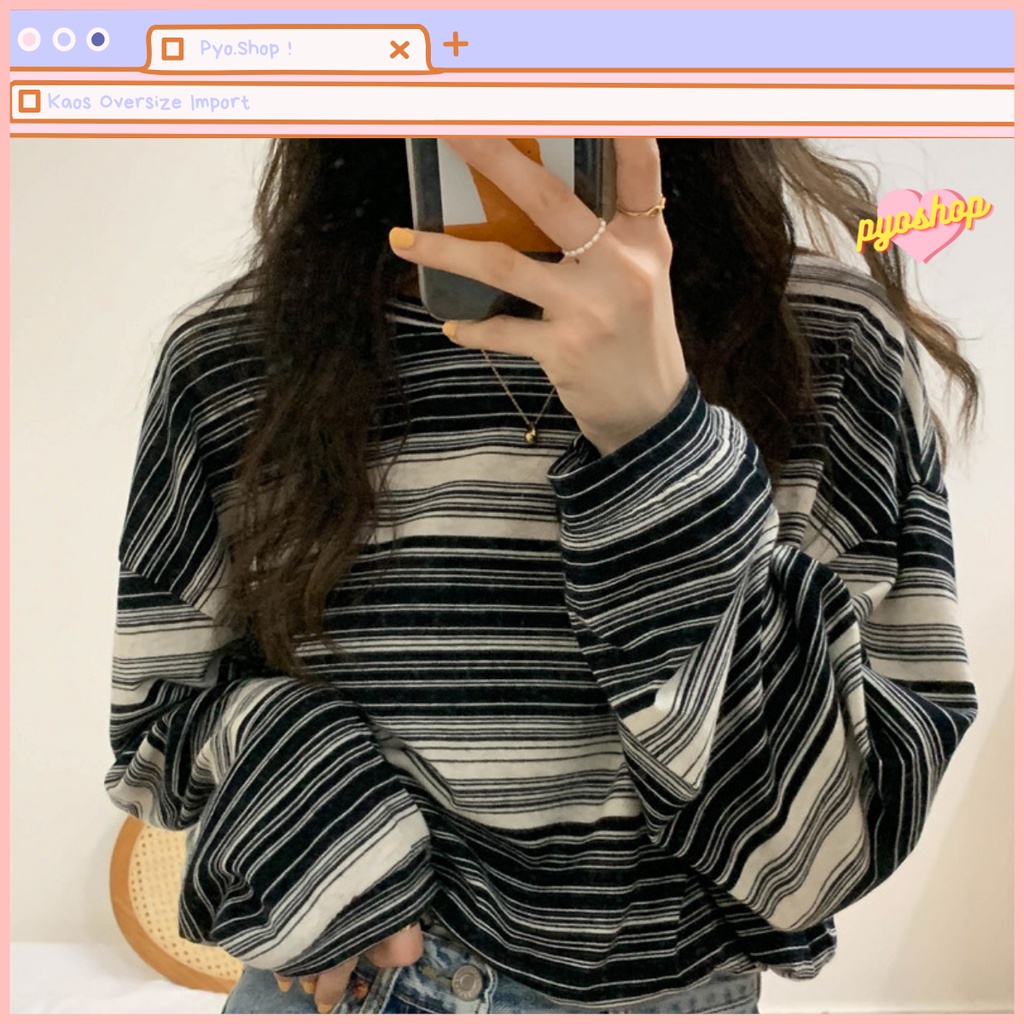 Oversize Tee Tshirt Kaos Import Longgar Motif GARIS LENGAN PANJANG