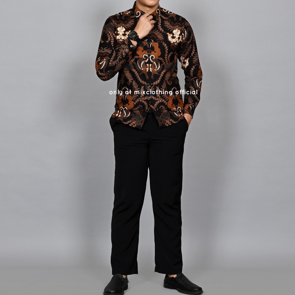 New Premium Baju Kemeja Batik Pria Slimfit Lengan Panjang 1814 Coklat