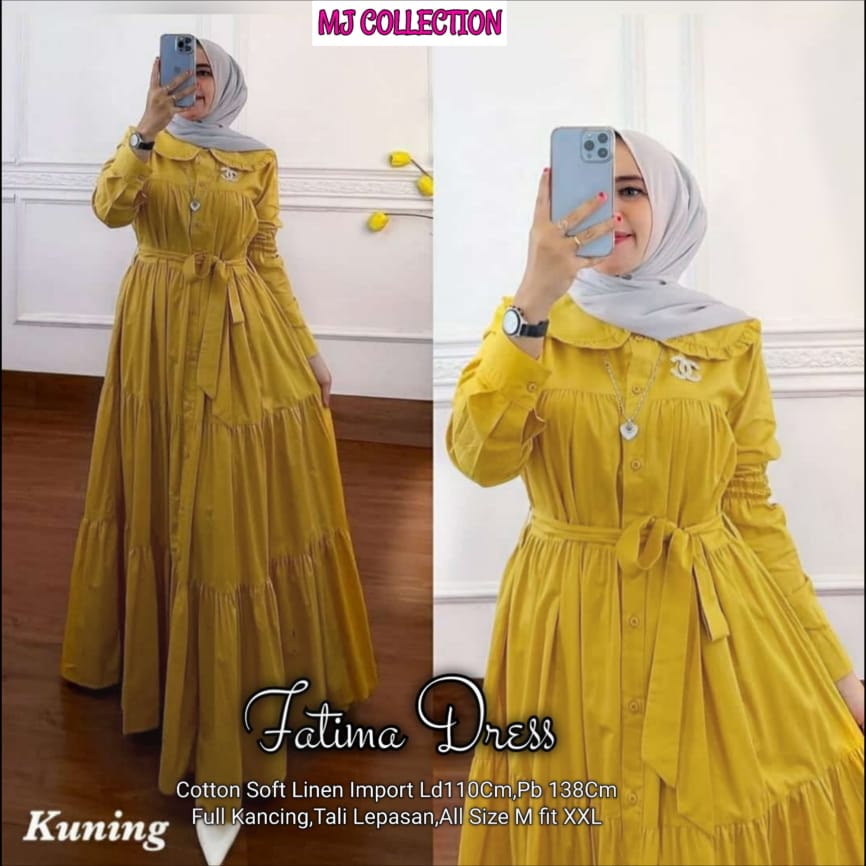 DRESS/GAMIS ALLSIZE FULL KANCING DENGAN TALI LEPASAN ~ BAHAN COTTON SOFT LINEN IMPORT ~ FATIMA DRESS
