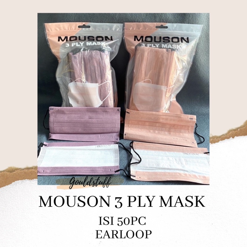 MOUSON 3 PLY MASK EARLOOP ISI 50PC / MASKER DISPOSABLE 3 PLY / MOUSON 3 PLY MASK WARNA WARNI CANTIK