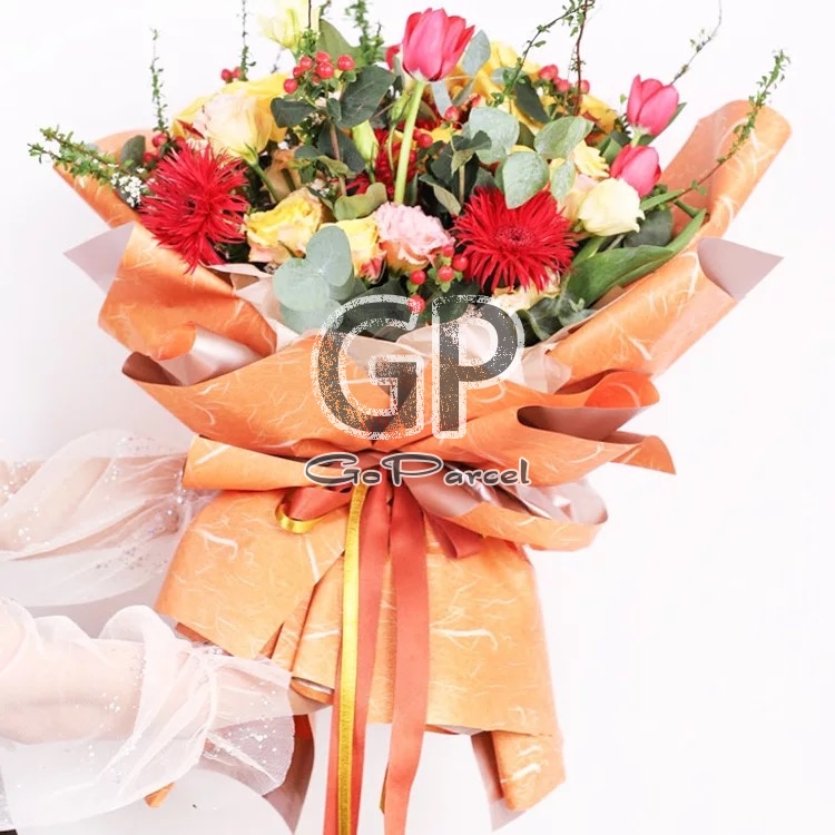 ( 5 Lembar ) BICOLOR GOLD MARBLE PATTERN - FLOWER WRAPPING PAPER KOREAN PLASTIC PLASTIC CELLOPHANE KERTAS BUNGA BUKET FLORIST DOUBLE SIDE 2 SISI ORANGE BLUE TOSCA BLACK