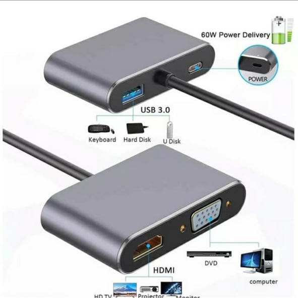 Converter 4 IN 1 Type-C To HDMI 4K VGA USB 3.0 Audio Video Adapter PD