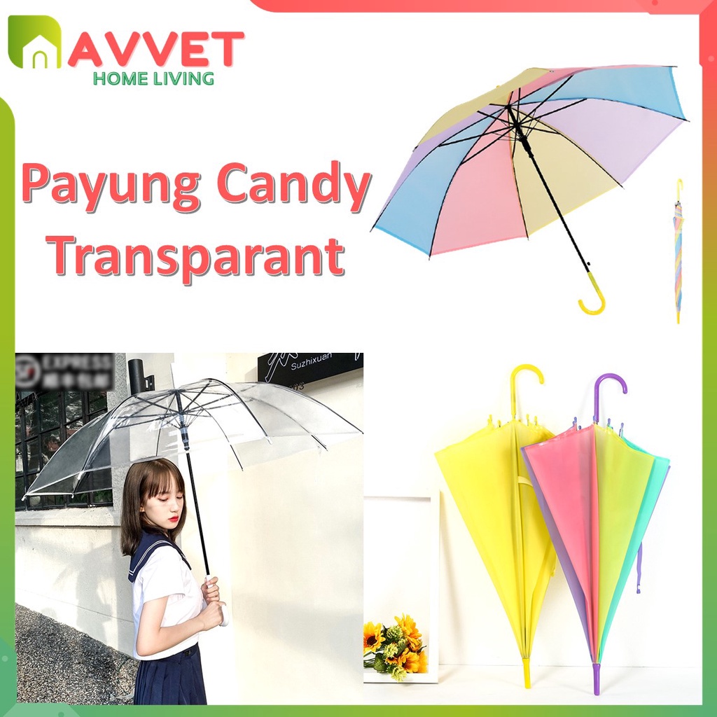 AVVET Payung Transparan Style Korea Jepang Polos Warna Warni Payung Lipat Bening Cantik Payung Rainbow Umbrella Fashionable Candy Color Import Murah