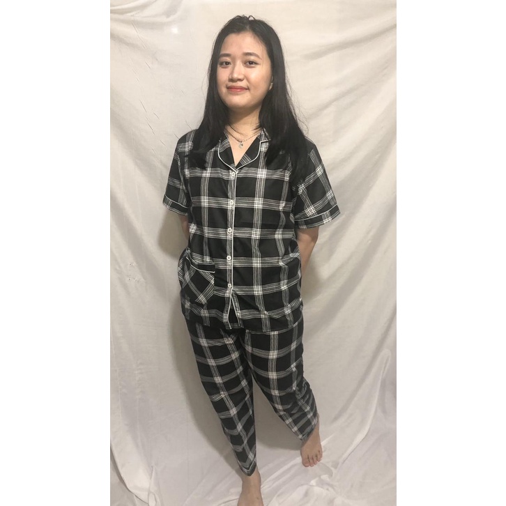 PIYAMA LUCU / PIYAMA KOTAK HITAM / PIYAMA BTS / PIYAMA CELANA PANJANG / TANGAN PENDEK / CP KOTAK