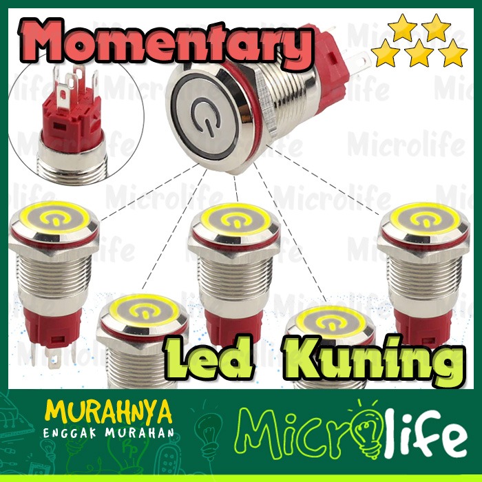 Push on Button Stainless Power LED Kuning 16mm 9-24v Momentary Yellow