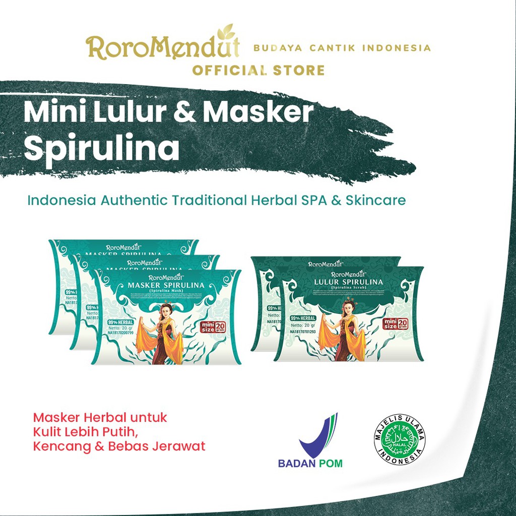 

Roro Mendut Paket Lulur dan Masker Spirulina 20 gr mini size (2 Lulur dan 3 Masker)