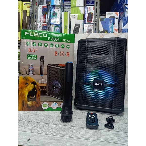 SPEAKER BLUETOOTH FLECO f-8606 LED AB TERBARU KARAOKE MIC WIRELESS TANPA KABEL X-BASS SPEAKER F-8606