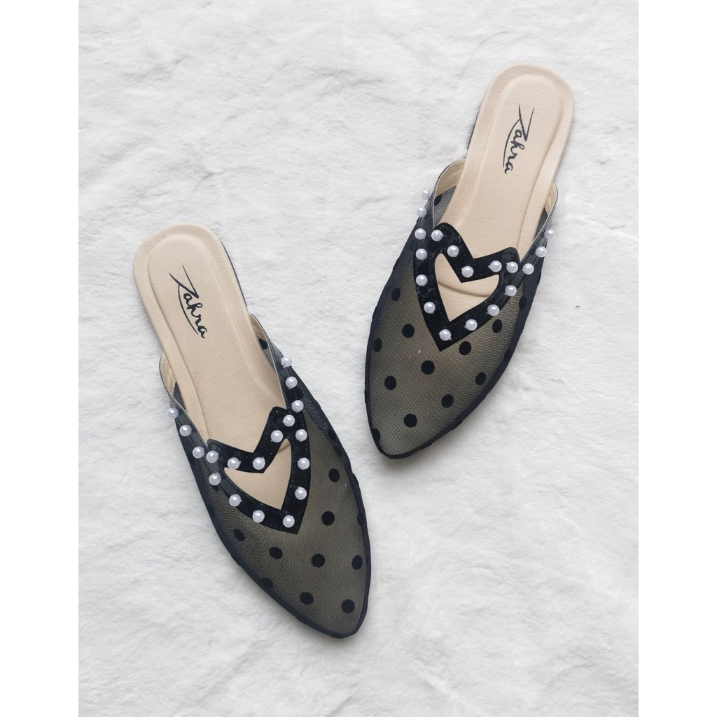 Arlaine - Talia selop wanita / sandal slop wanita / sandal brukat / flatshoes polkadot / sandal mutiara