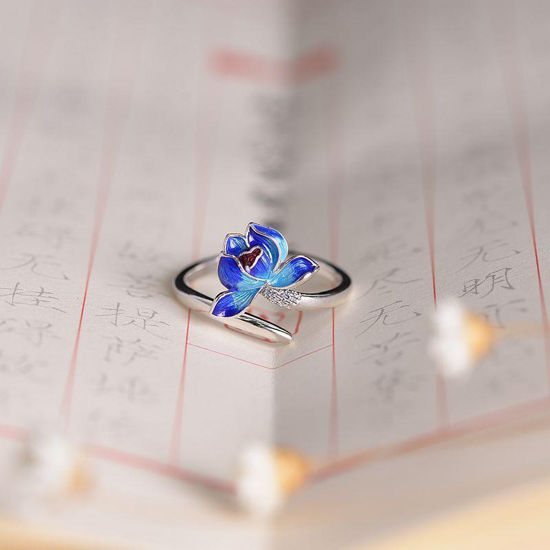 Cincin Lapis Rhodium Desain Lotus Cina Warna Biru Gaya Vintage Untuk Wanita