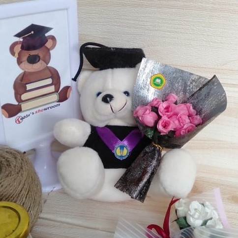 GRATIS DESAIN CETAK NAMA + LOGO / BIG PROMO !! Boneka Wisuda + Bouket Kecil DETAIL15 cm HARGA HEMAT
