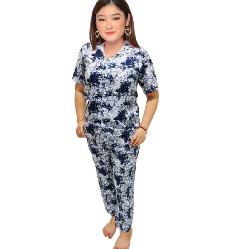 ONE SET RAYON PIYAMA WANITA DEWASA SETELAN CELANA KRAH KEMEJA SET TIE DYE BAJU LENGAN PANJANG