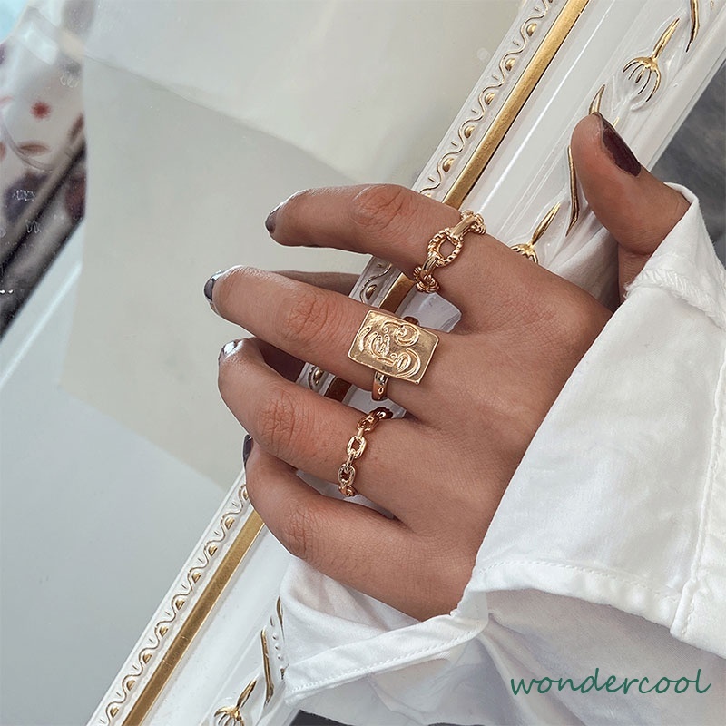 3pcs / Set Cincin Rantai Emas Model Terbuka Dapat Disesuaikan Untuk Aksesoris-Won