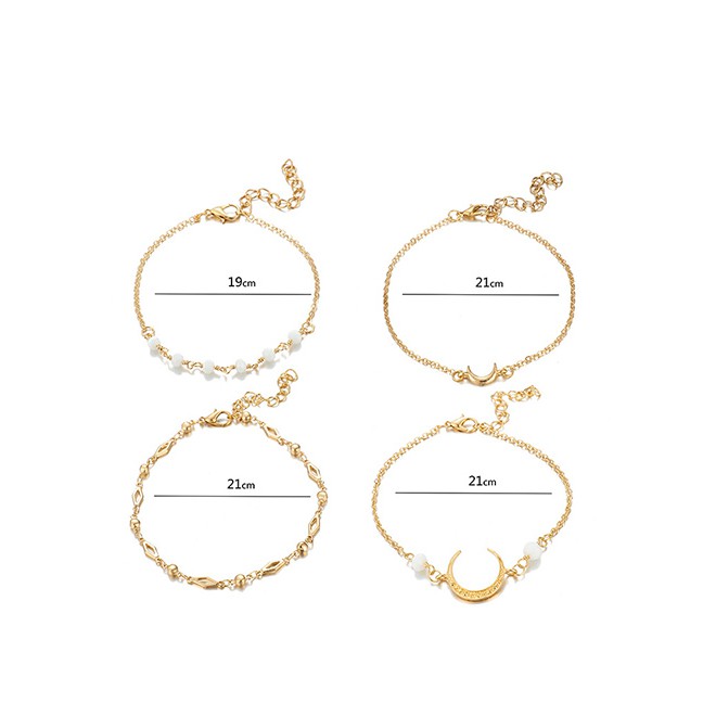 LRC Gelang Tangan Fashion Gold Alloy Chain Rice Beads Horns Crescent 4 Layer Bracelet D09310