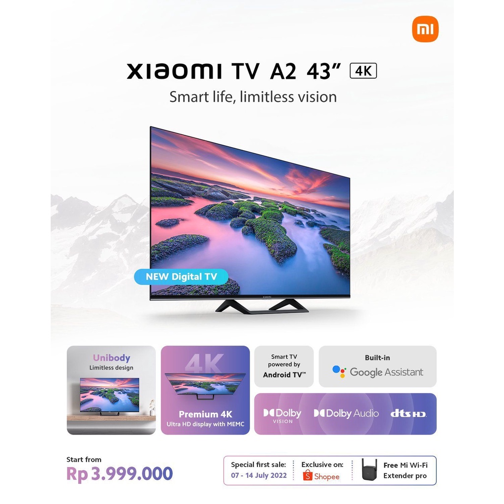 Mi TV A2 43&quot; Inch 4K UHD Dolby Vision HDR Android TV Garansi Resmi 1 Tahun - Support TV Digital