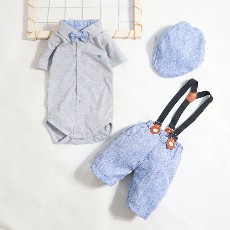 Baju setelan Jumper Suspender Anak Bayi Laki-laki plus topi / Setelan Suspender Bayi Size 3 -9 Bulan-8