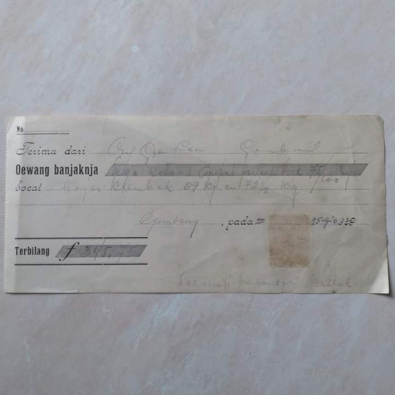 Dokumen Arsip Kuno Estimasi Th 1943 Kwitansi Kuno Era Dai Nippon