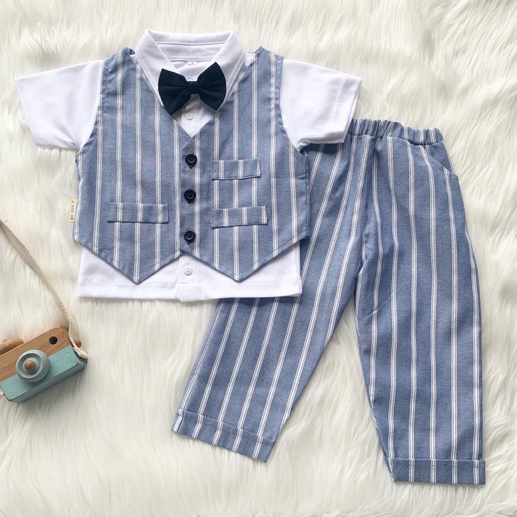 RAFFABY SECRET'S Set Baby Tuxedo Celana Panjang | Setelan Anak Laki laki | Baju Anak 1-7 Tahun-Biru Tua Stripe