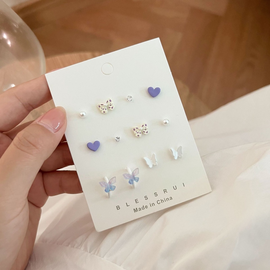 6 Pasang / Set Anting Stud Desain Kupu-Kupu Hati Kristal Mutiara Untuk Aksesoris Perhiasan Wanita