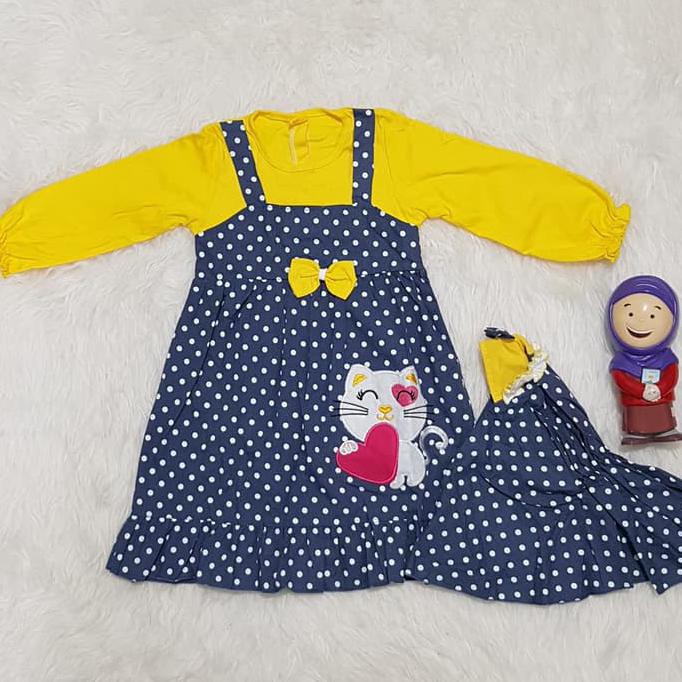 Baju Gamis Muslim Anak Perempuan Set Jilbab Semi Overall Cat Polkadot
