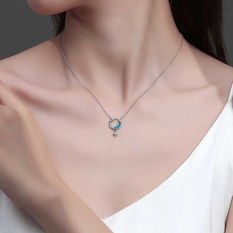 Kalung S925 Sterling Silver Liontin Bulan Bintang Galaxy Aksen Kristal Berlian Gaya Korea Untuk Wanita