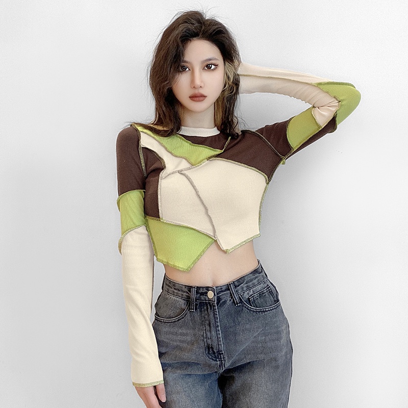 #Sisjuly#Prancis retro gaya pengemis sub-jahitan atasan crop top wanita lengan panjang tidak teratur