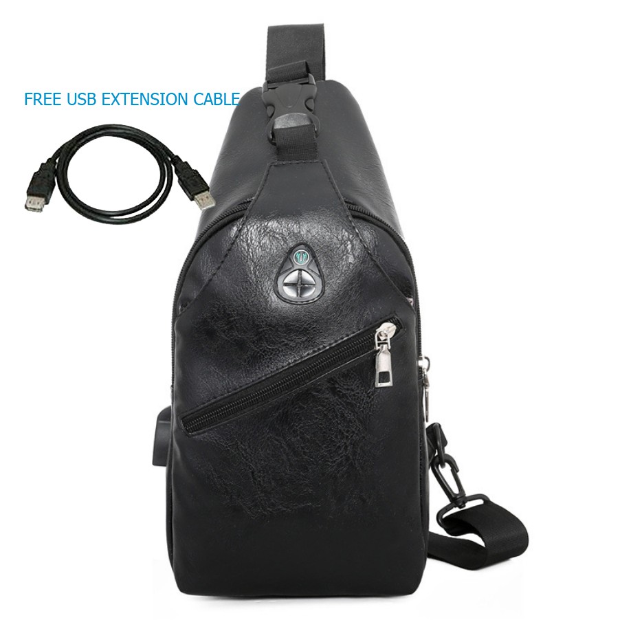 Tas Selempang Kulit Sling Bag Leather Pria + USB Port + Headset Hole