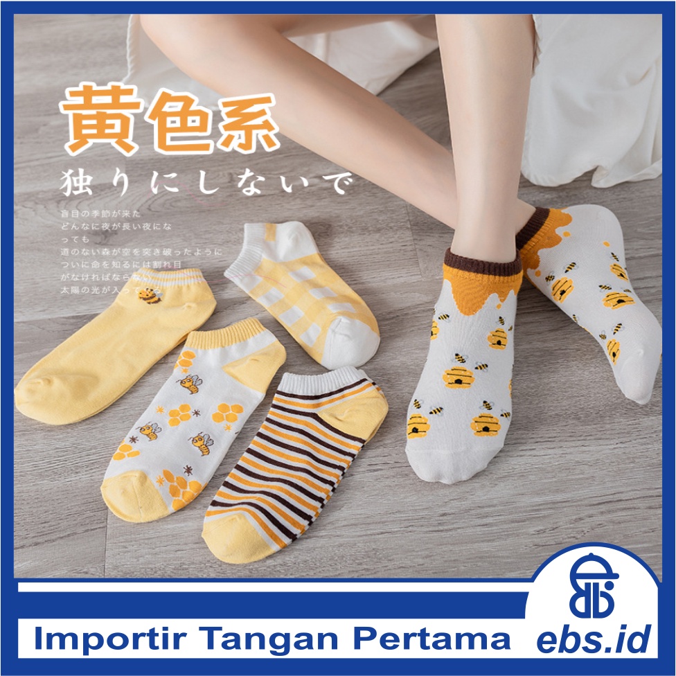 𝗘𝗕𝗦 ✅ KK021 Kaos Kaki (Tanpa Kemasan) Wanita Tipis Pendek Semata Kaki Motif Bunga Lebah Bee Kuning Fashion Korea Women Sock Import Murah