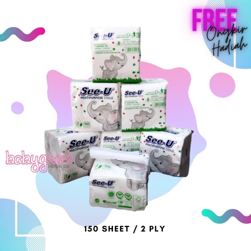 See U 150 sheet Pop Up Multipurpose Facial Tissue / Seeu Tisu / See-U Tissu Wajah 2 ply Elephant