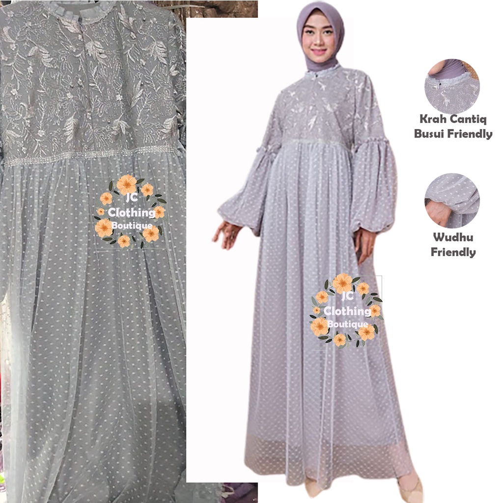 gamis remaja kekinian 2022 model gamis terbaru lengan balon tile dot jumbo mutiara busui sleting depan