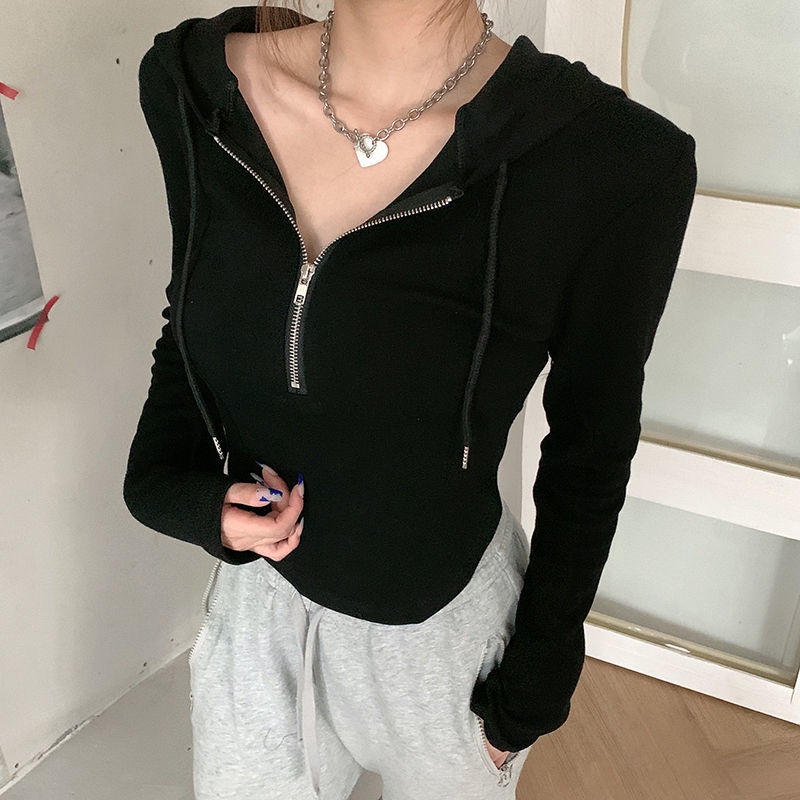 Suhao Pure Desire Top Wanita Sweater Musim Semi Baru Fashionable Tinggi Pinggang Slim Hooded Lengan Panjang