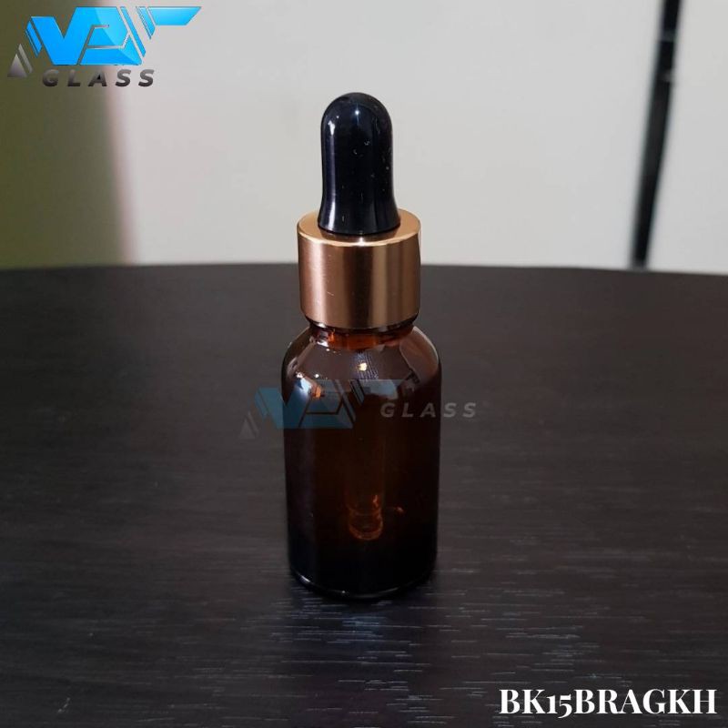 botol kaca pipet 15ml coklat / amber - ring almunium gold