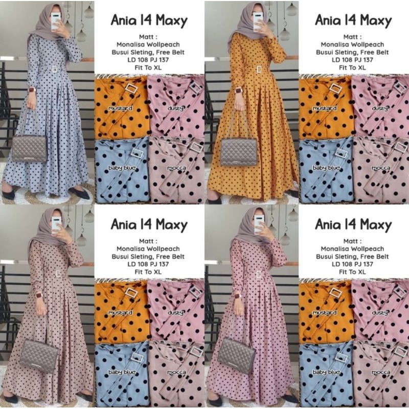 Ania 14 Maxy Gamis Wanita Muslimah Sehari Nyaman Dipakai Monalisa Polka Onde Pokadot Model Sabuk