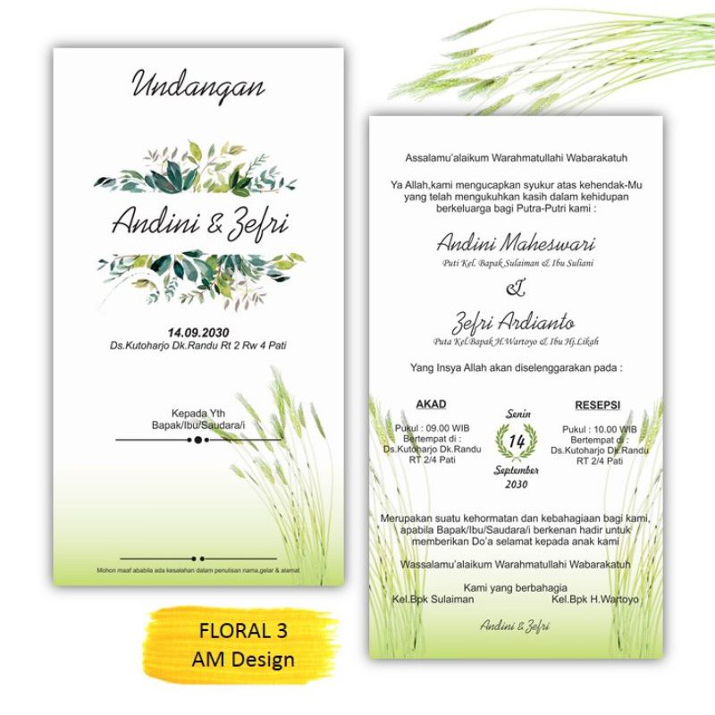 

Undanga Pernikahan Satu Lembar Bolak Balik Simpel Elegan Floral 3 Murah New