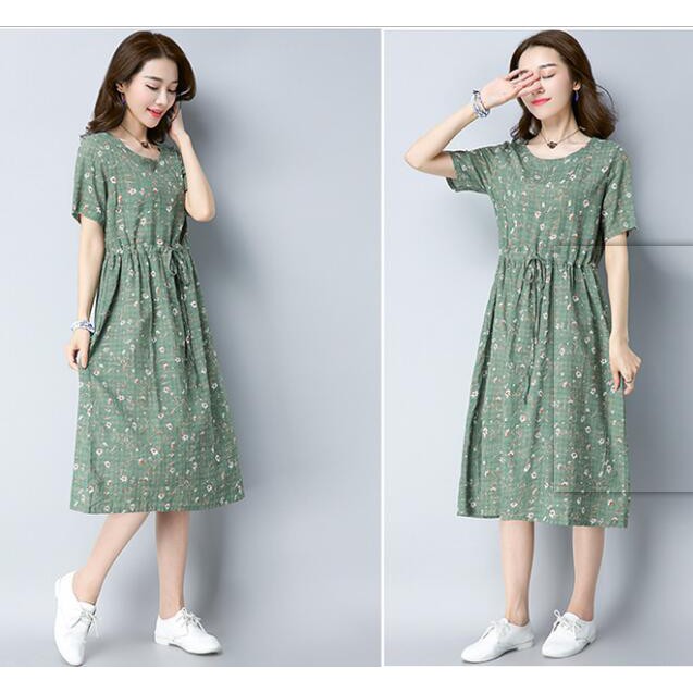 Dress Midi Model A-Line Lengan Flare Motif Print Bunga Gaya Korea untuk Wanita