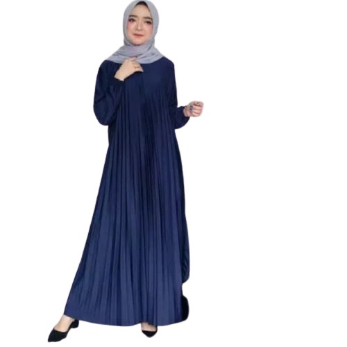 Baju Gamis Plisket Premium Bahan Lemon Skin Warna Navy