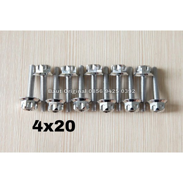 baut probolt 4x20 mm stainless new model drat 6 panjang 2 cm ukuran 6 gs1 gear 2 kunci belimbing heng