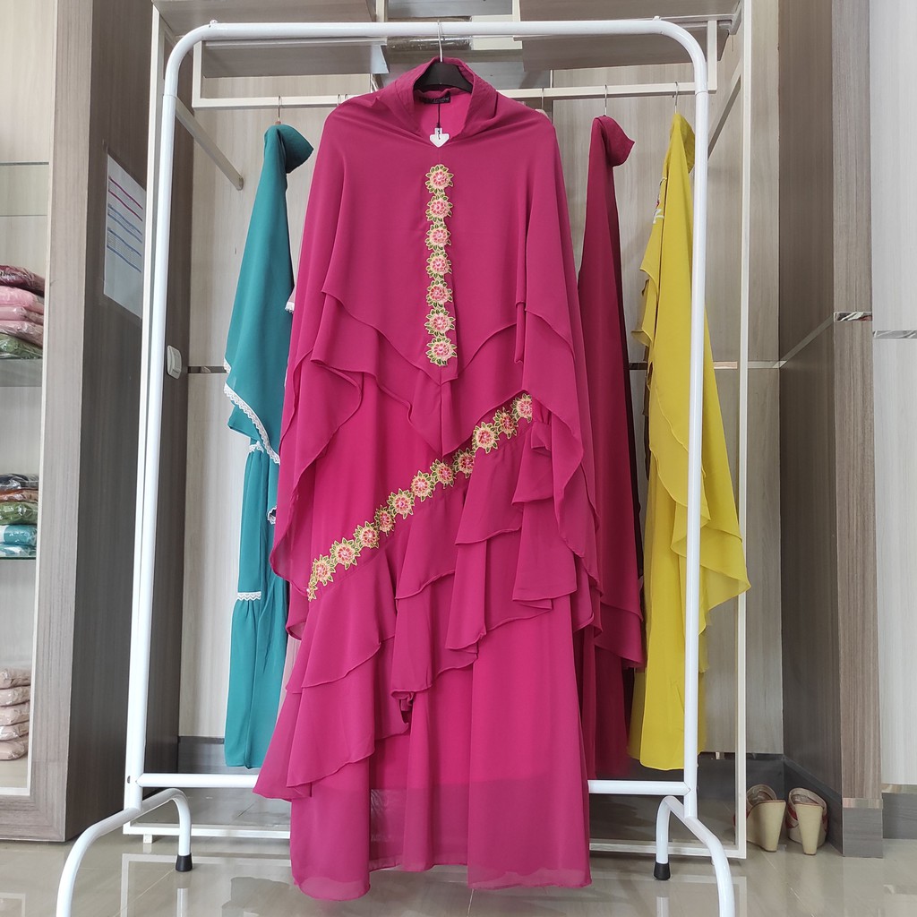 Gamis Syari Ceruty Babydoll Set Khimar Bordir Mewah Jumbo Pesta Dress Muslim Ibu Ibu LD 120 Set