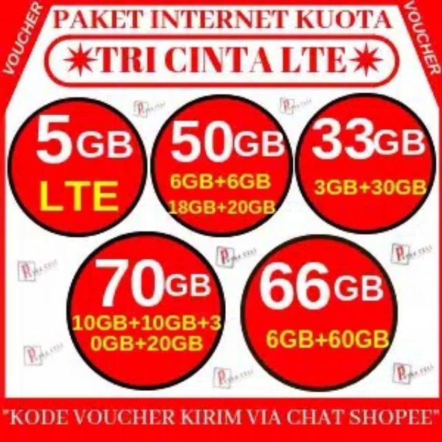 ISI ULANG PAKET INTERNET KUOTA THREE TRI 3 4G LTE 5GB 33GB 66GB CINTA 50GB 70GB GETMORE 9GB 15GBmmmo