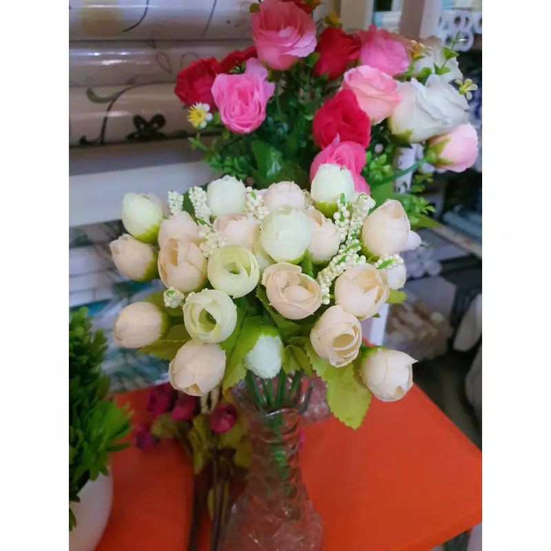 ROSE / BUNGA MAWAR - ISI 15 BUNGA PLASTIK-PUTIH