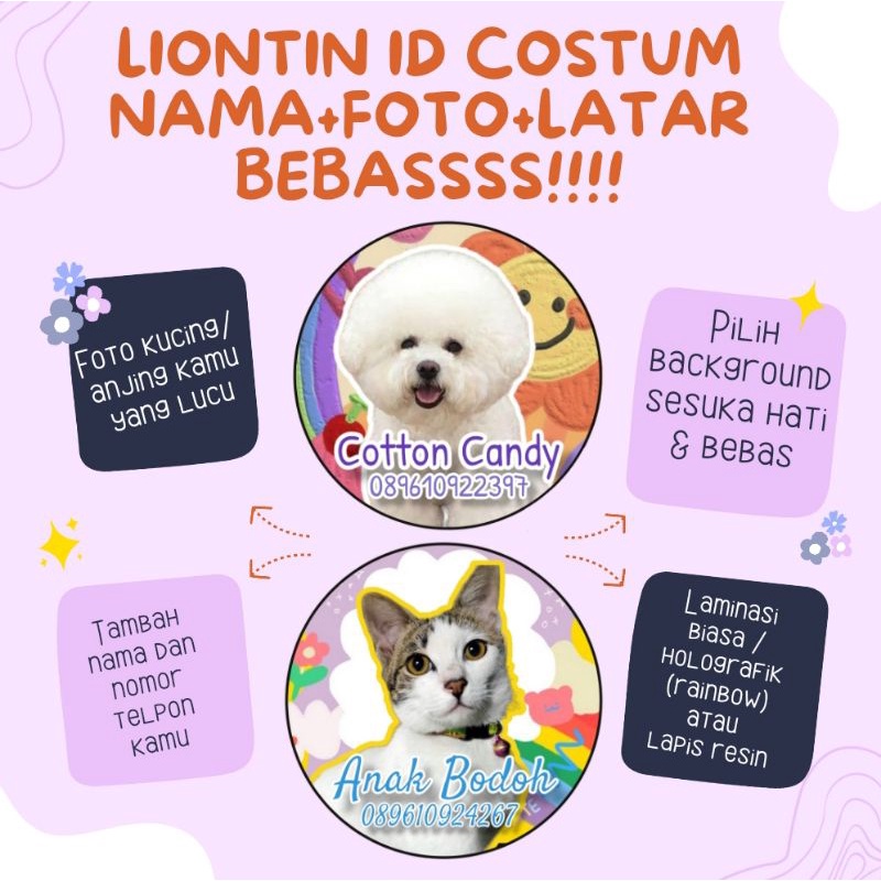 LIONTIN NAMA KUCING ANJING DENGAN FOTO COSTUM