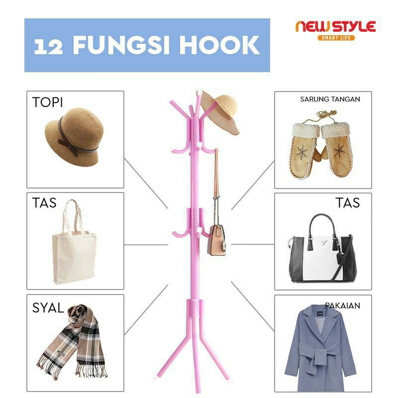 Newstyle D02 Stand Hanger Gantungan Baju Coat Gantungan Tas Dan Topi Tas Multifungsi