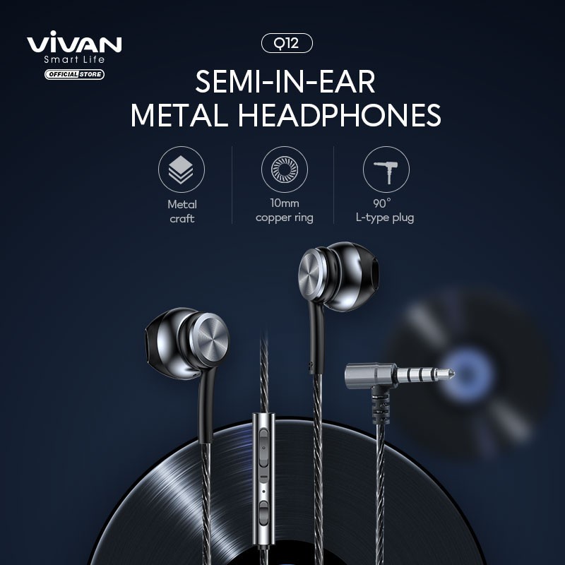 Headset VIVAN Q12 Wire Earphone Deep Bass Mic Konector L 90 AUX 3.5 mm - Garansi Resmi 1 Tahun