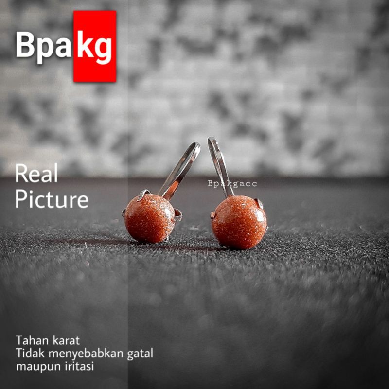 Anting pasir emas Anting wanita besi putih asli anti karat Anting monel batu coklat cewek cantik sil